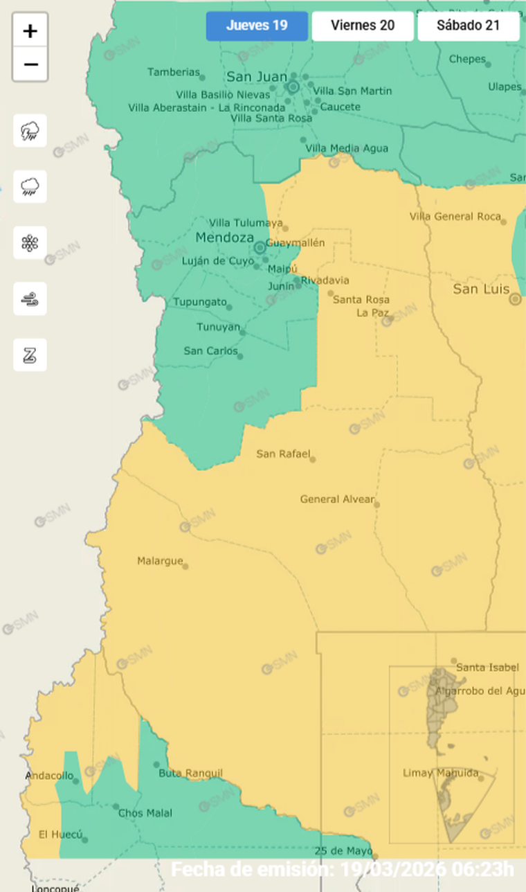 El este y sur de Mendoza están bajo alerta meteorológica. El este y sur de Mendoza están bajo alerta meteorológica.