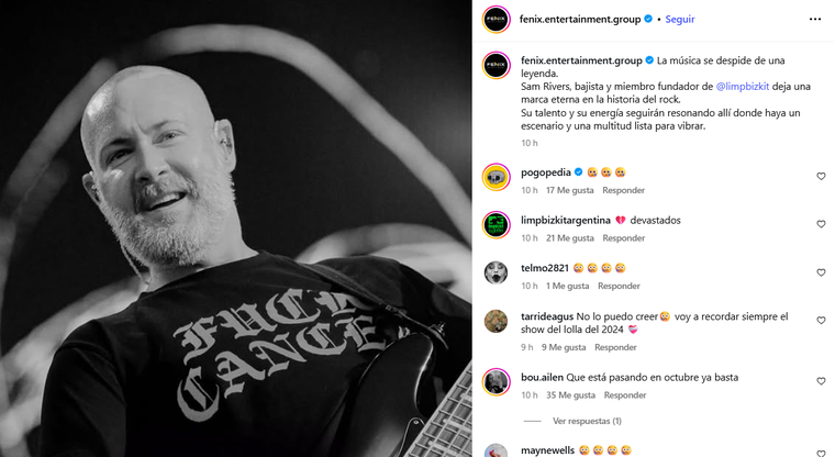 Mucho dolor por la partida de Sam Rivers. Foto: captura de pantalla Instagram/ @fenix.entertainment.group. Mucho dolor por la partida de Sam Rivers. Foto: captura de pantalla Instagram/ @fenix.entertainment.group.