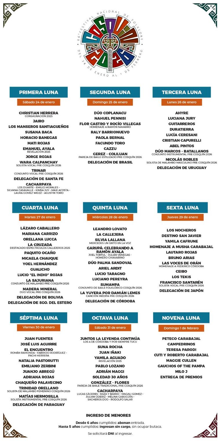 La grilla completa de Cosquín 2026.