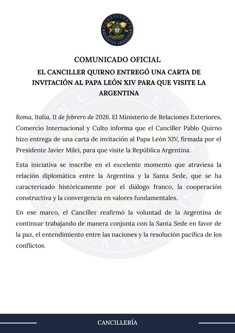 El comunicado de la Cancillería tras la invitación al papa León XIV. El comunicado de la Cancillería tras la invitación al papa León XIV.