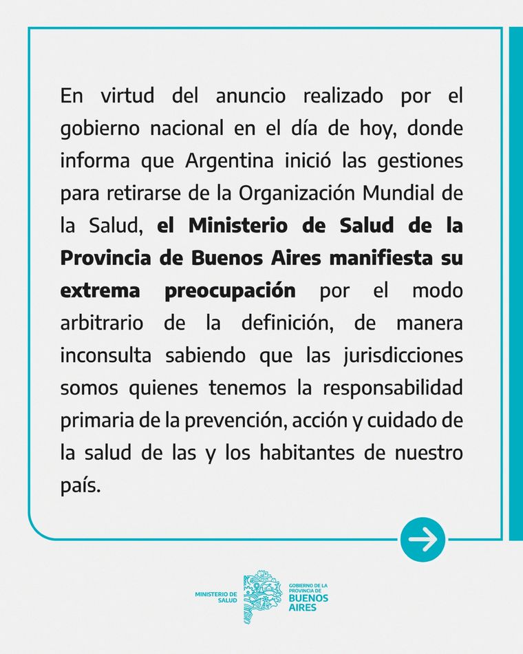 Comunicado del ministerio de Salud bonaerense sobre la retirada del país de la OMS. Foto: Cuenta de X @SaludBAP
