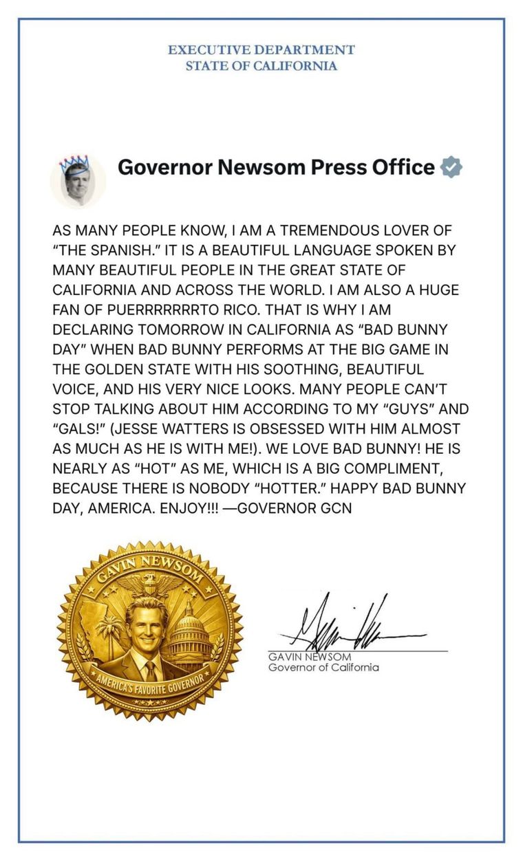 Newsom declaró el 8 de febrero como el "Día de Bad Bunny". Newsom declaró el 8 de febrero como el "Día de Bad Bunny".