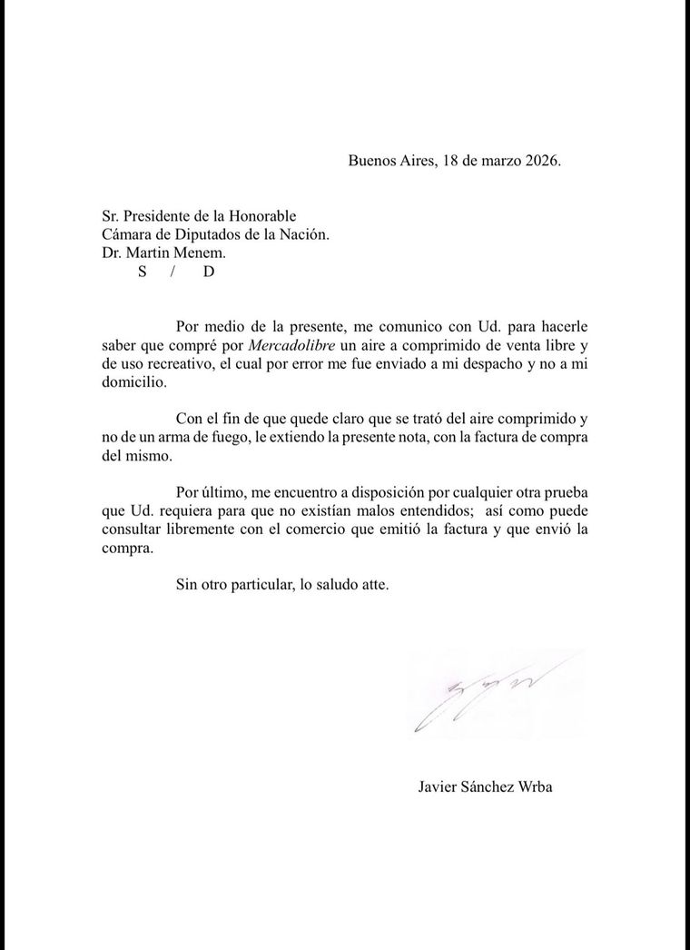 La carta que envió Javier Sánchez Wrba a Martín Menem para explicar el episodio que protagonizó en el Congreso.