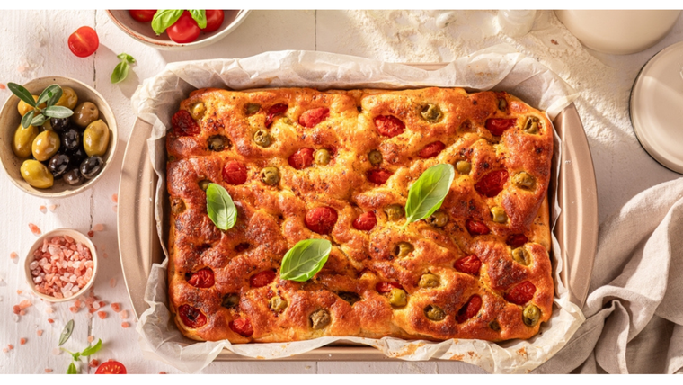Estallido de sabores: receta de focaccia con tomate cherry y aceitunas gourmet.