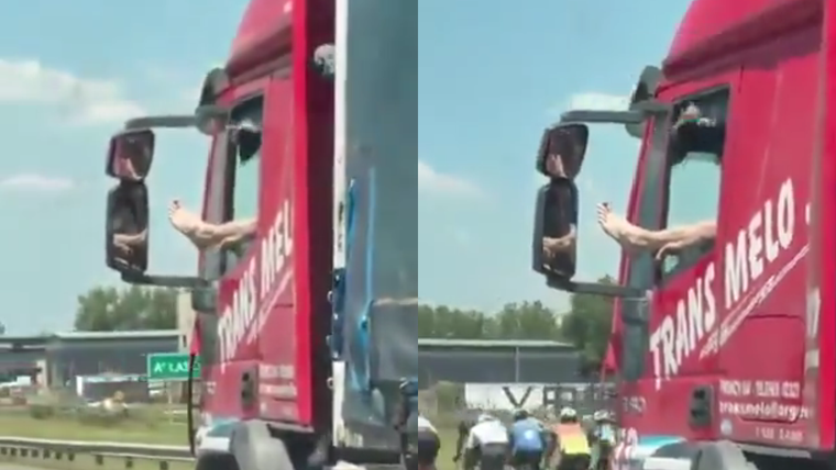 Se viralizó el video de un camionero conduciendo con un pie y una mano fuera de la ventanilla.