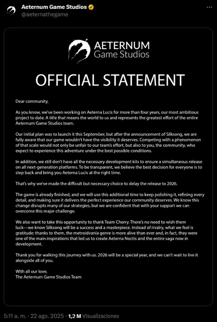 el comunicado de Aeternum Game Studios confirmando el retraso. el comunicado de Aeternum Game Studios confirmando el retraso.