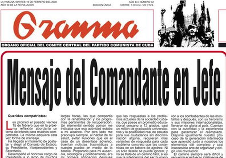 Portada del diario oficial Gramma que publica el mensaje del presidente del Gobierno cubano, Fidel Catro Foto: EFE
