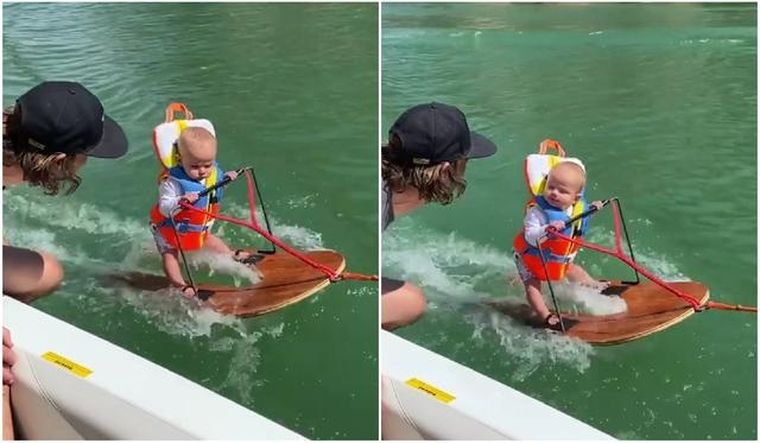 Este niños se volvió un experto en esquí acuático.
