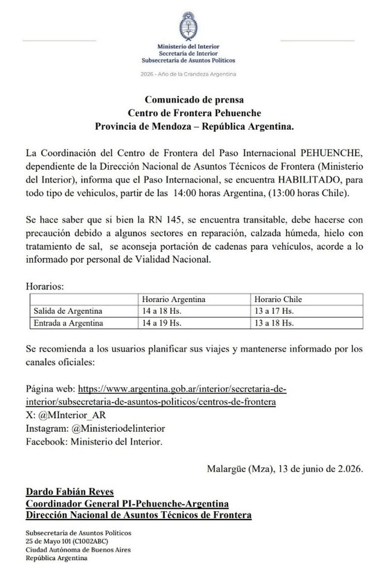 El paso Pehuenche se encuentra habilitado para todo tipo de vehículos desde las 14hs. El paso Pehuenche se encuentra habilitado para todo tipo de vehículos desde las 14hs.