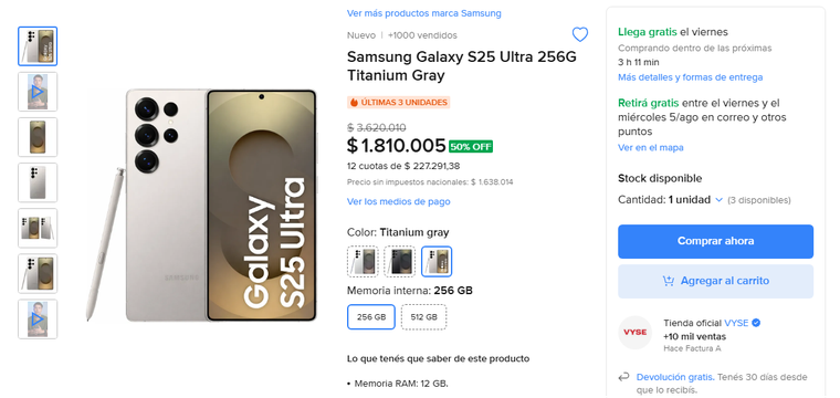 El Samsung Galaxy S25 Ultra aparece en Mercado Libre con un descuento del 50%.