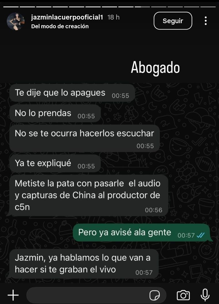 Los supuestos mensajes de La Cuerpo con su abogado. Créditos: Instagram / jazminlacuerpooficial1 Los supuestos mensajes de La Cuerpo con su abogado. Créditos: Instagram / jazminlacuerpooficial1