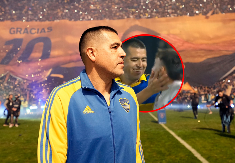 Riquelme dialogó con el hincha que saltó a la cancha.