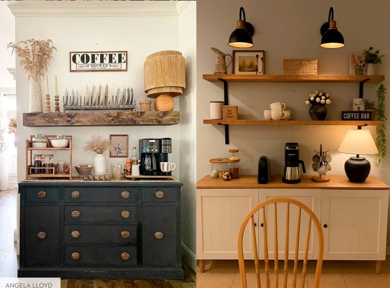 Diseños creativos de lugares (o estaciones) para tomar café en una vivienda que combinan estilo y funcionalidad.  Se trata de un espacio informal dentro de la casa, necesario cuando se trabaja desde el hogar.