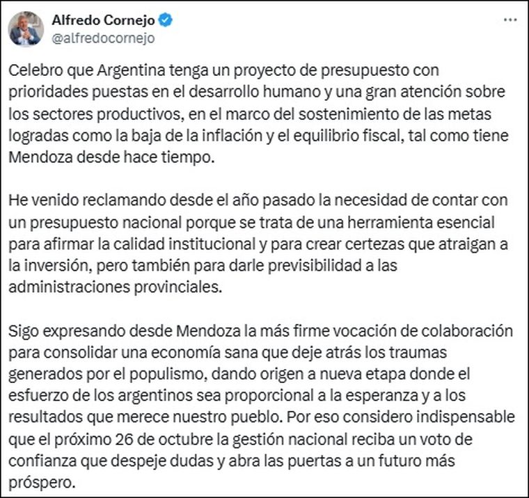 Alfredo Cornejo respaldó los anuncios de Javier Milei. Alfredo Cornejo respaldó los anuncios de Javier Milei.