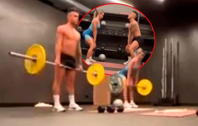 Lautaro Martínez y su novia, Agustina Gandolfo, en una intensa rutina en el gimnasio.