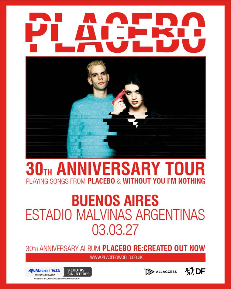 Placebo tocará el miércoles 3 de marzo de 2027 en el Estadio Malvinas Argentinas. Placebo tocará el miércoles 3 de marzo de 2027 en el Estadio Malvinas Argentinas.