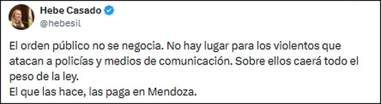 La vicegobernadora Hebe Casado lanzó un contundente mensaje en X. La vicegobernadora Hebe Casado lanzó un contundente mensaje en X.