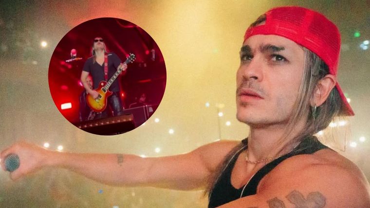 Pato Sardelli protagonizó el momento más comentado de la noche al golpear un dron con su guitarra en pleno solo. / Instgram @airbag