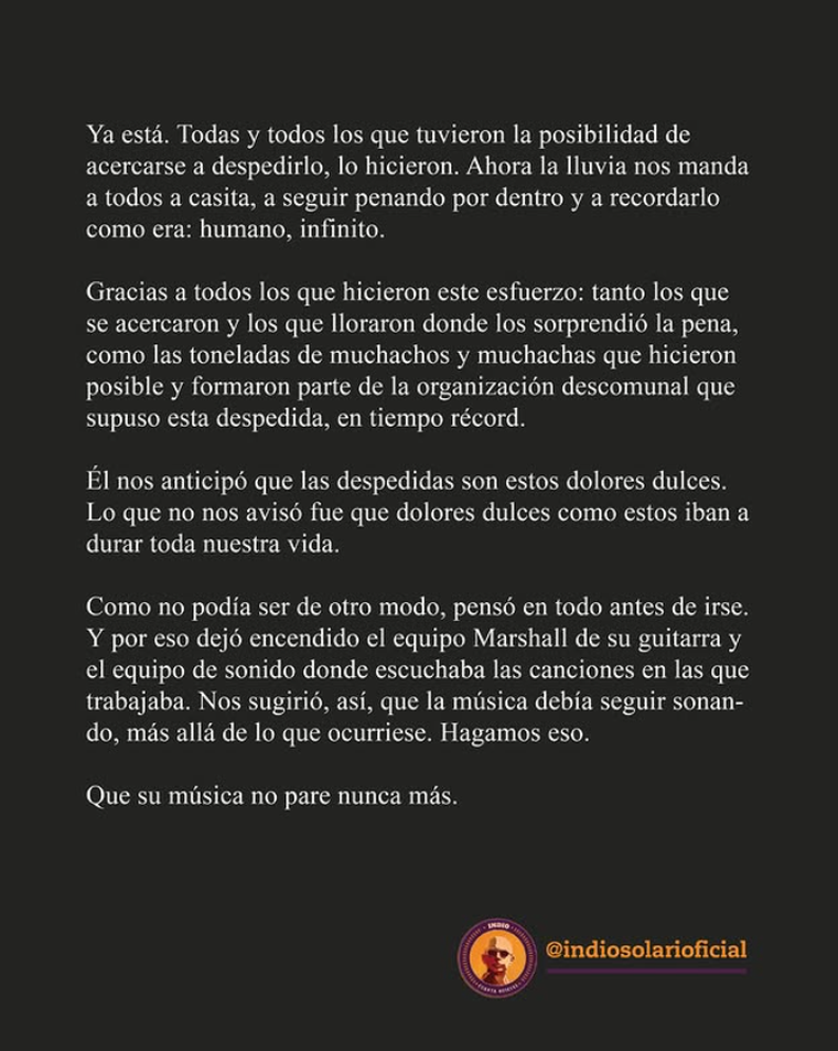 Terminó el velorio del Indio Solari y la familia compartió un sentido posteo. Terminó el velorio del Indio Solari y la familia compartió un sentido posteo.