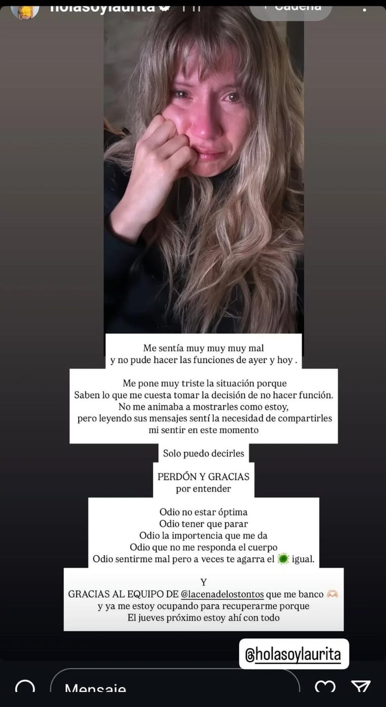 La foto de Laurita Fernández que causó preocupación. Créditos: Instagram / holasoylaurita La foto de Laurita Fernández que causó preocupación. Créditos: Instagram / holasoylaurita