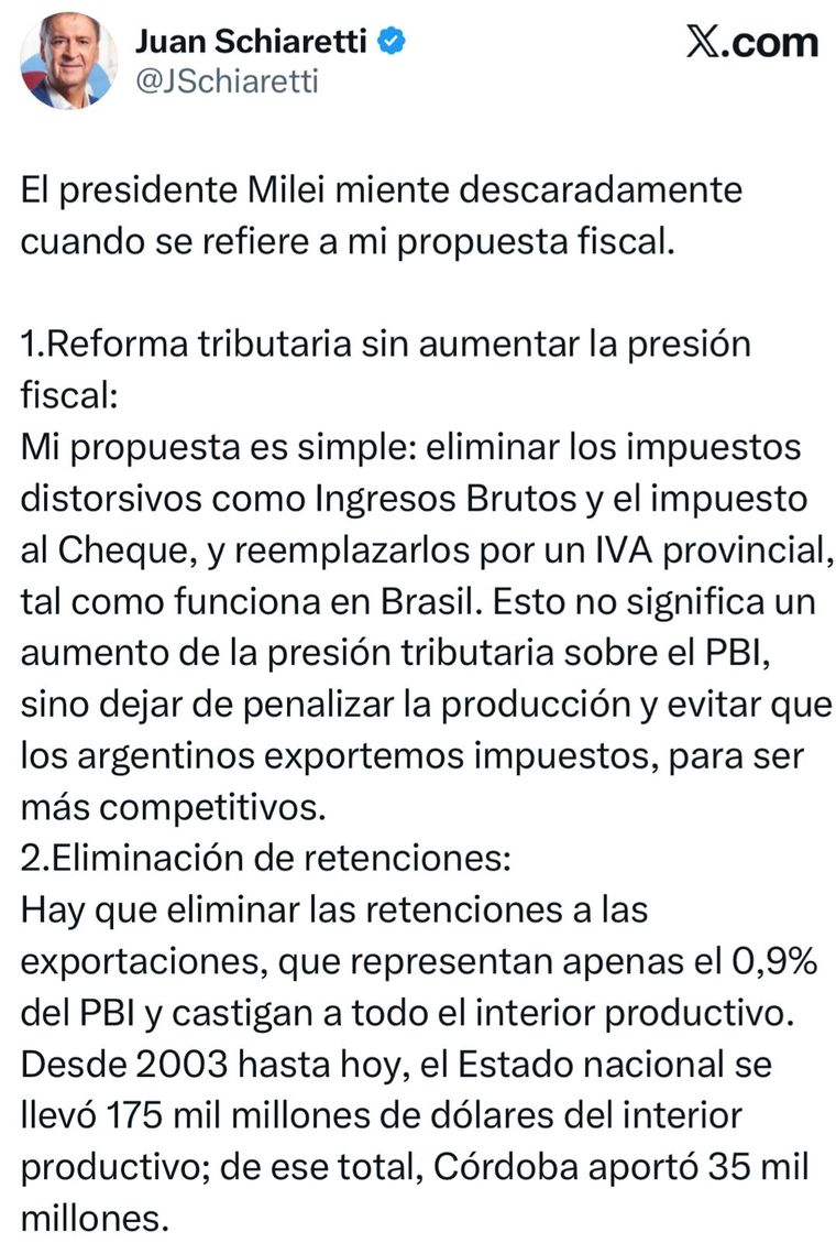 El exgobernador cordobés Juan Schiaretti apuntó contra Javier Milei en medio de su visita a la provincia. El exgobernador cordobés Juan Schiaretti apuntó contra Javier Milei en medio de su visita a la provincia.