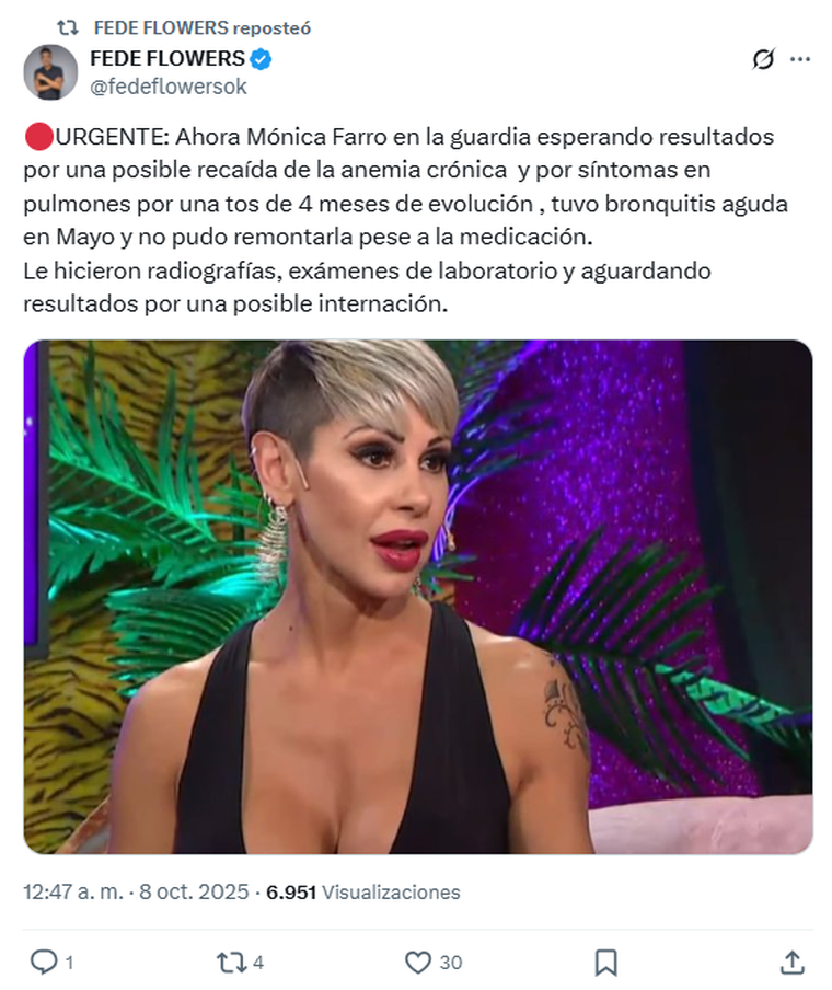 La artista habría tenido una recaída. Foto: captura de pantalla X/ @fedeflowersok. La artista habría tenido una recaída. Foto: captura de pantalla X/ @fedeflowersok. 