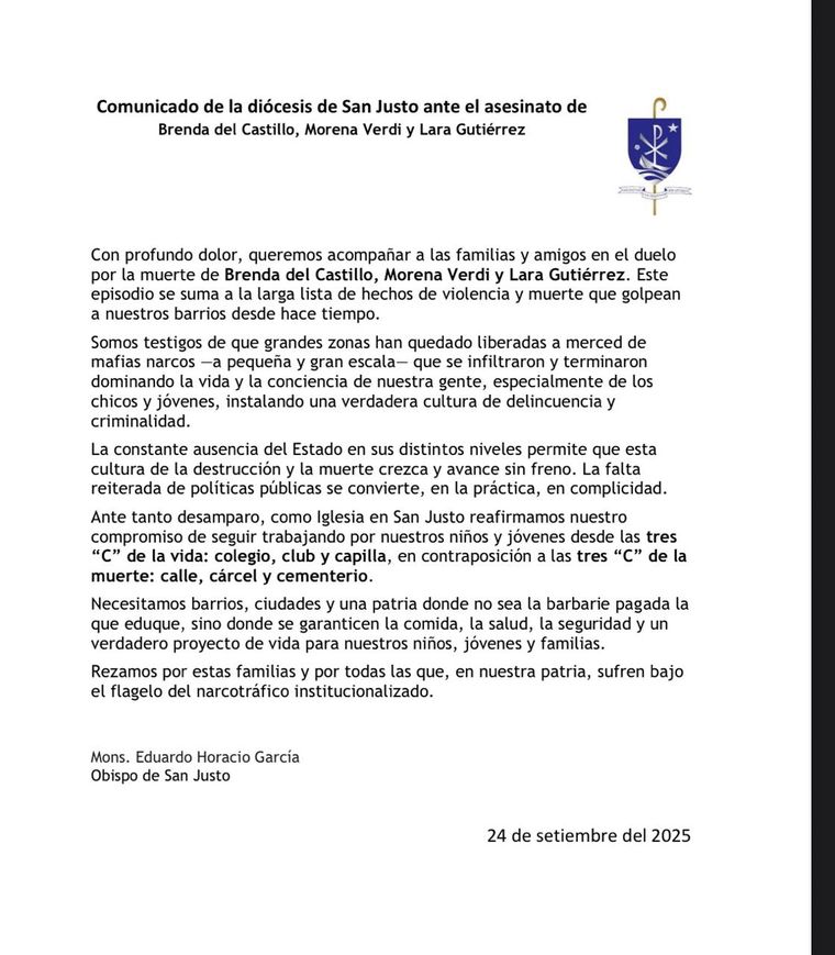 El comunicado de la diócesis de San Justo. El comunicado de la diócesis de San Justo.