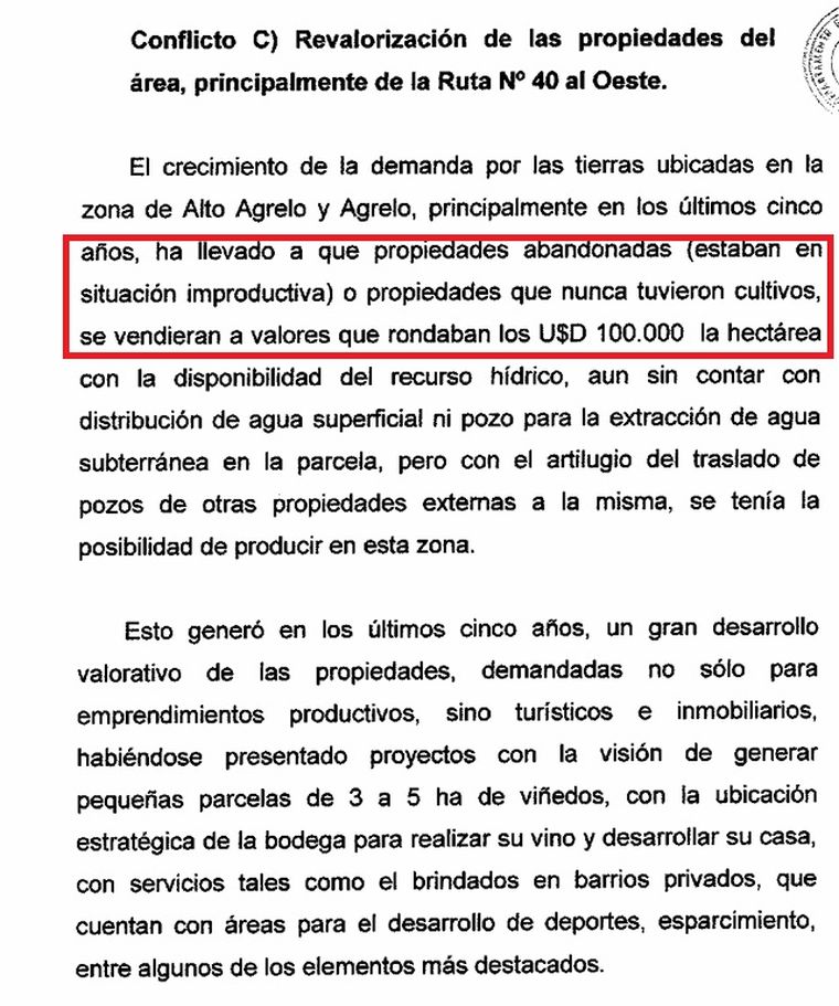 El documento donde se advierte cómo se revalorizan las tierras con el acceso al agua. El documento donde se advierte cómo se revalorizan las tierras con el acceso al agua.