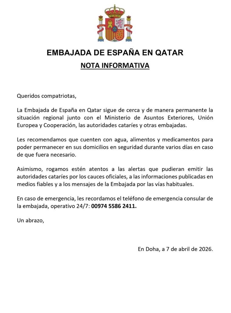 El comunicado de la embajada de España a sus ciudadanos en Catar en medio de la tensión en Medio Oriente. El comunicado de la embajada de España a sus ciudadanos en Catar en medio de la tensión en Medio Oriente.