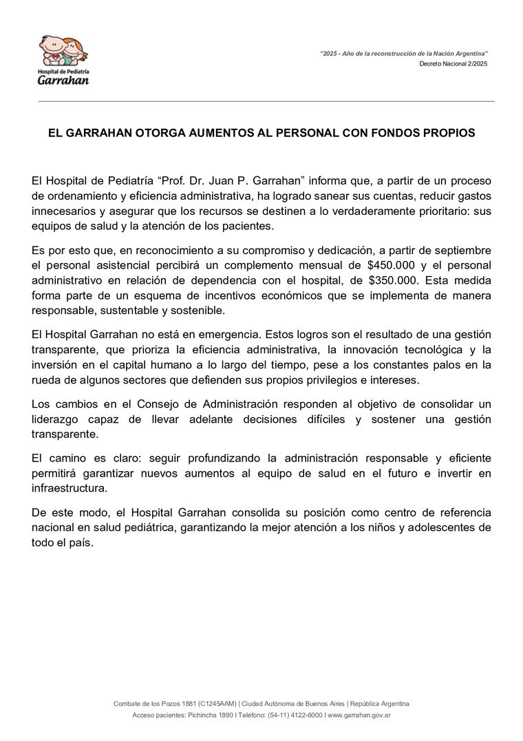 Las autoridades del Hospital Garrahan anunciaron un aumento salarial acordado con el Gobierno.