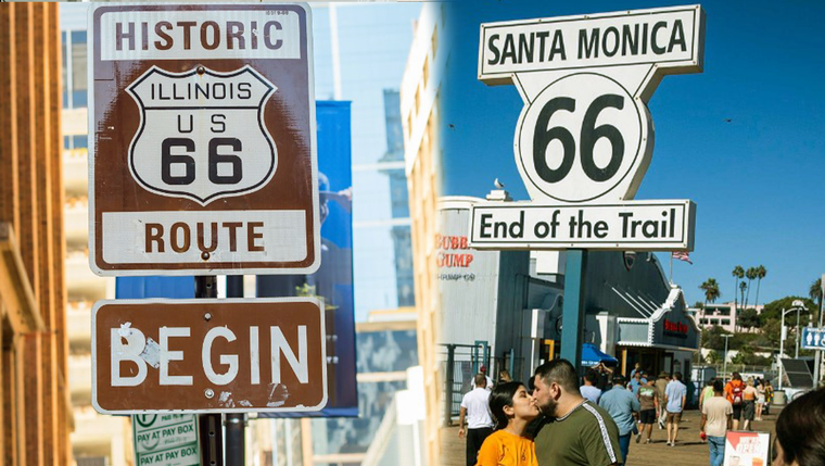 Pese a la placa que lo recuerda la Ruta 66 nunca llegó al océano, sino que en las calles Olympic y  Lincoln de Santa Mónica Foto: bostonglobe.com y uk.trip.com/travel-guide/