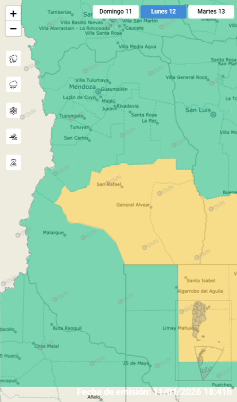 Malargüe, San Rafael y General Alvear están bajo alerta amarilla por tormentas en Mendoza. Malargüe, San Rafael y General Alvear están bajo alerta amarilla por tormentas en Mendoza.