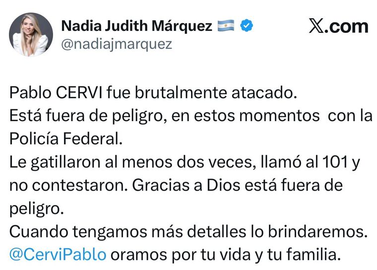Nadia Márquez denunció el ataque a Pablo Cervi en X. Nadia Márquez denunció el ataque a Pablo Cervi en X.