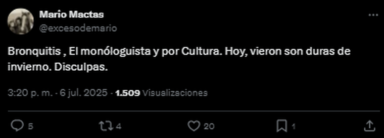 El mensaje que compartió Mario Mactas días antes de su muerte. Foto: captura de pantalla Twitter/ @excesodemario. El mensaje que compartió Mario Mactas días antes de su muerte. Foto: captura de pantalla Twitter/ @excesodemario.