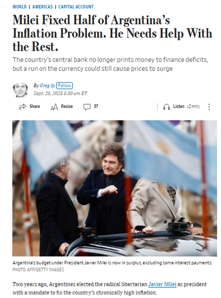 The Wall Street Journal publicó un editorial sobre el escenario económico del Gobierno de Javier Milei y sus próximos desafíos.