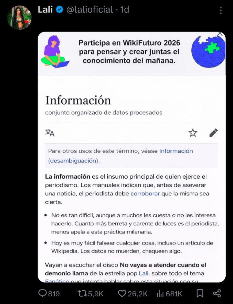 La publicación que realizó la artista en X. La publicación que realizó la artista en X.