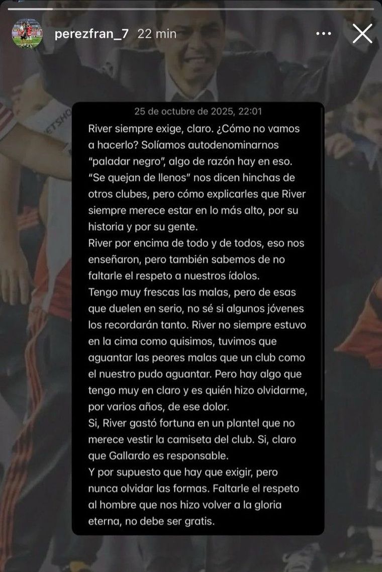 La historia de Franco Pérez, hermano de Enzo, dándole todo su apoyo a Gallardo en medio de la crisis de River.