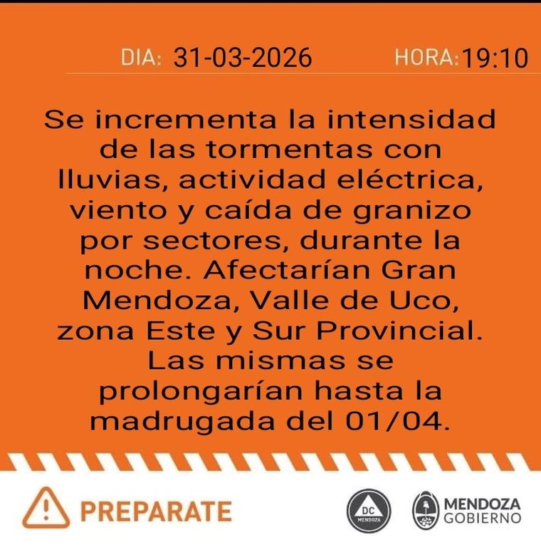 Desde Defensa Civil aumentaron el nivel del alerta en Mendoza a naranja. Desde Defensa Civil aumentaron el nivel del alerta en Mendoza a naranja.