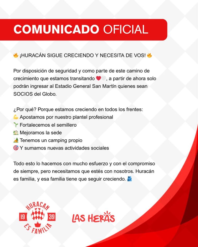 Huracán Las Heras anunció que sólo los socios podrán ingresar a la cancha. Huracán Las Heras anunció que sólo los socios podrán ingresar a la cancha.