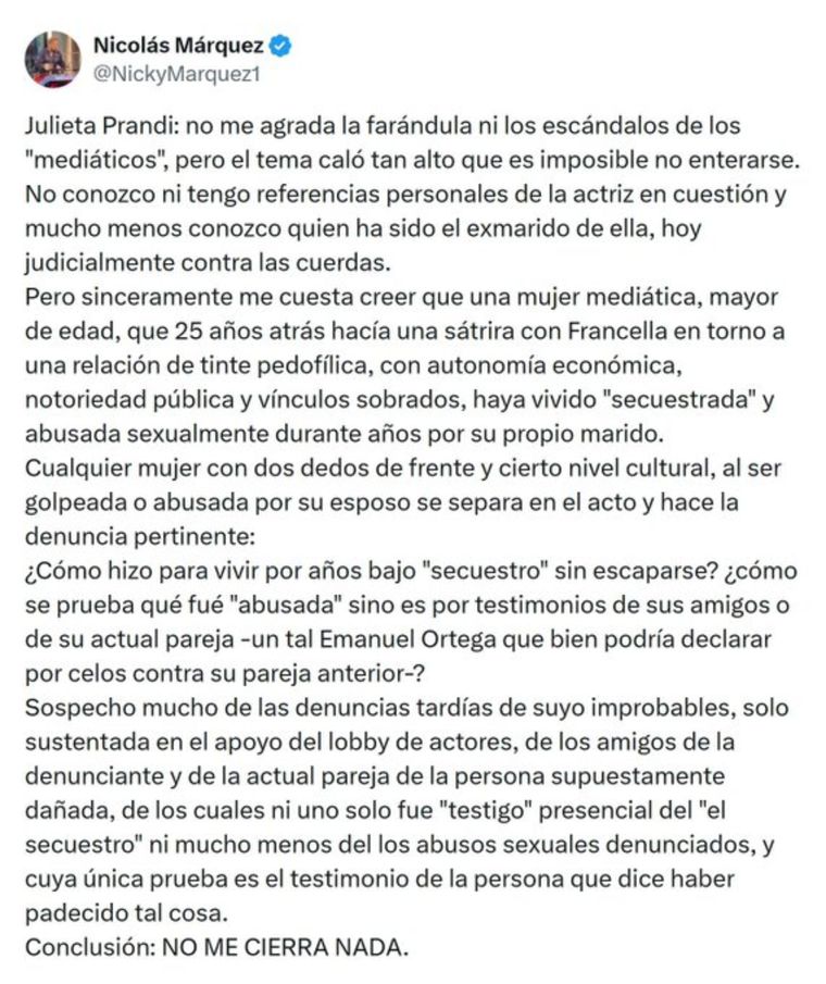 El posteo de Nicolás Márquez contra la modelo. El posteo de Nicolás Márquez contra la modelo.