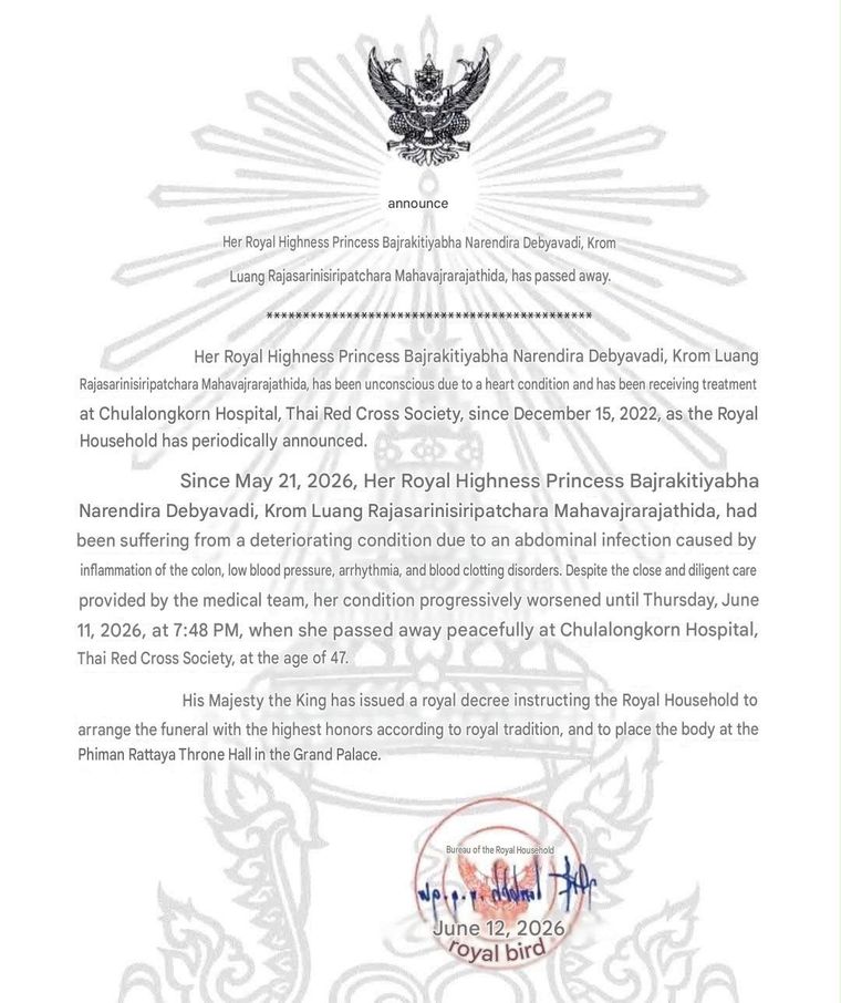 La Casa Real de Tailandia anunció la muerte de la princesa Bajrakitiyabha. La Casa Real de Tailandia anunció la muerte de la princesa Bajrakitiyabha.