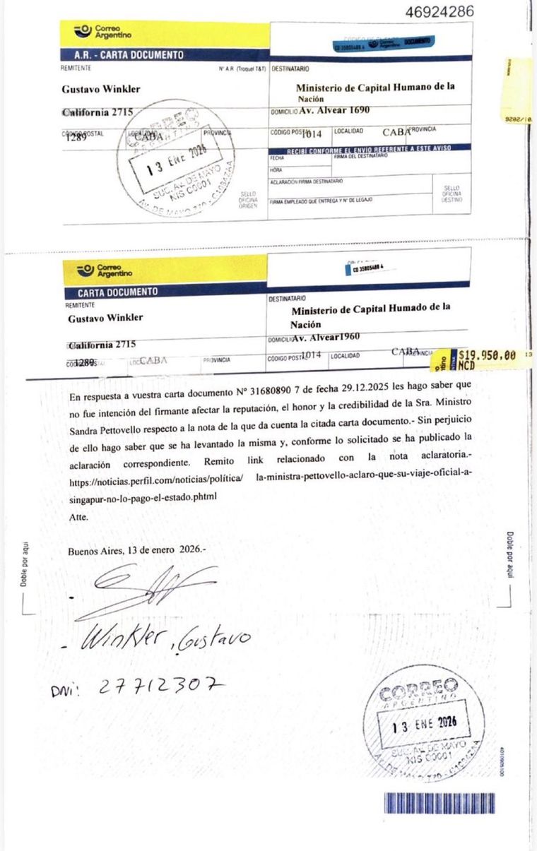 La respuesta a la carta documento del Ministerio de Capital Humano que difundió el jefe de Gabinete, Manuel Adorni. La respuesta a la carta documento del Ministerio de Capital Humano que difundió el jefe de Gabinete, Manuel Adorni.