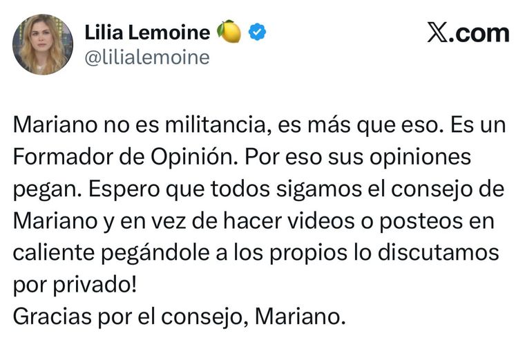 La respuesta de Lilia Lemoine a Mariano Pérez. La respuesta de Lilia Lemoine a Mariano Pérez.