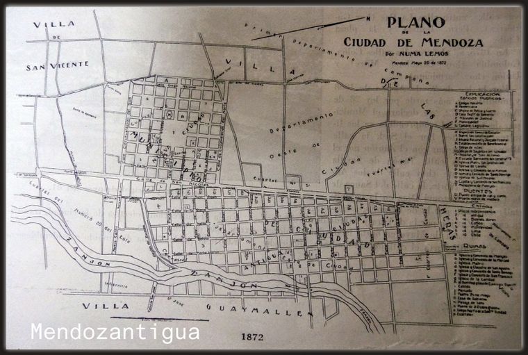 El plano de Mendoza en 1872. En la Plaza Cobo aparece el Cuartel de Mendoza. El plano de Mendoza en 1872. En la Plaza Cobo aparece el Cuartel de Mendoza.