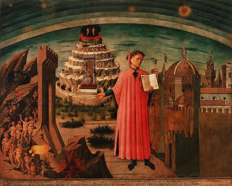 Alegoría de La Divina Comedia y Florencia de Domenico di Michelino. Dante sostiene su obra. A un lado está Florencia y al otro, una visión del infierno. Detrás de Dante, humanos que intentan ascender al cielo. Foto: GETTY IMAGES