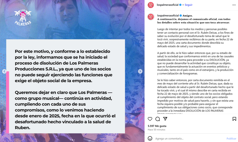 La publicación que realizaron desde la cuenta de Los Palmeras. Foto: captura de pantalla Instagram/ @lospalmerasoficial. 