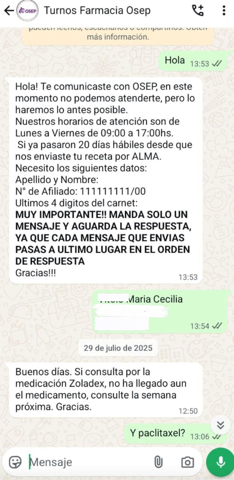 Cecilia asegura que no la atienden presencialmente y por WhatsApp no tiene respuestas. Cecilia asegura que no la atienden presencialmente y por WhatsApp no tiene respuestas.