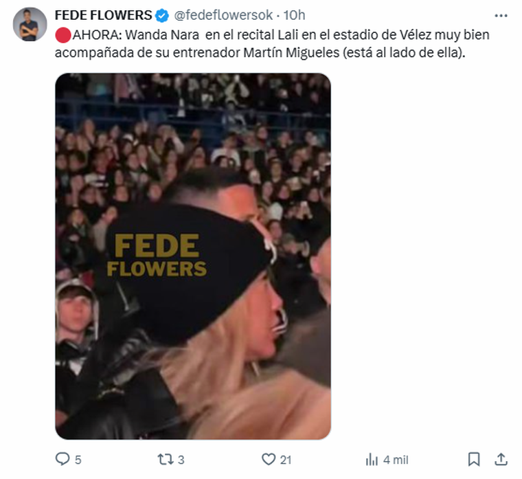 Wanda Nara junto a su entrenador en el show de Lali. Foto: captura de pantalla X/ @fedeflowersok. Wanda Nara junto a su entrenador en el show de Lali. Foto: captura de pantalla X/ @fedeflowersok.