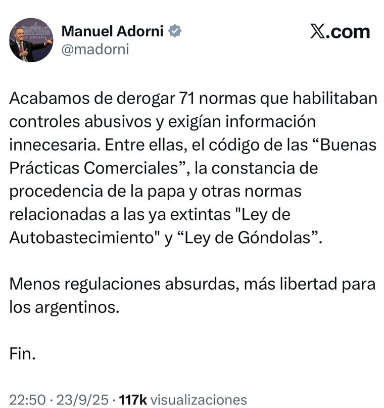 El vocero presidencial Manuel Adorni anunció la derogación de más de 70 normativas de control. El vocero presidencial Manuel Adorni anunció la derogación de más de 70 normativas de control.