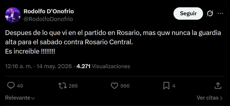 El picante tuit que publicó D'Onofrio de cara al choque contra Central. El picante tuit que publicó D'Onofrio de cara al choque contra Central.